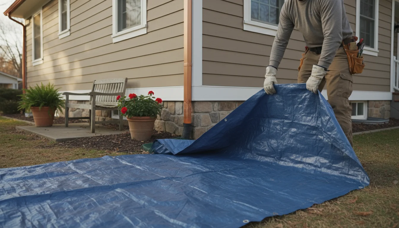 A person wearing work gloves unrolls a blue tarp on the ground below a house's gutters, with patio furniture moved aside.
