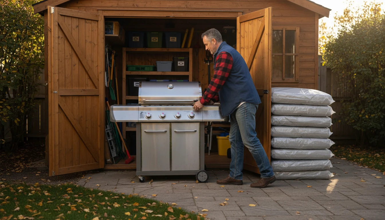 Person wheels a clean grill into an organized shed, next to stacked patio cushions. Autumn leaves are visible on the ground.