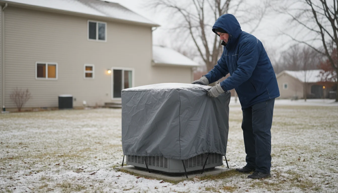 A person in a winter jacket places a breathable cover over the top of an outdoor AC unit with snow on the ground.
