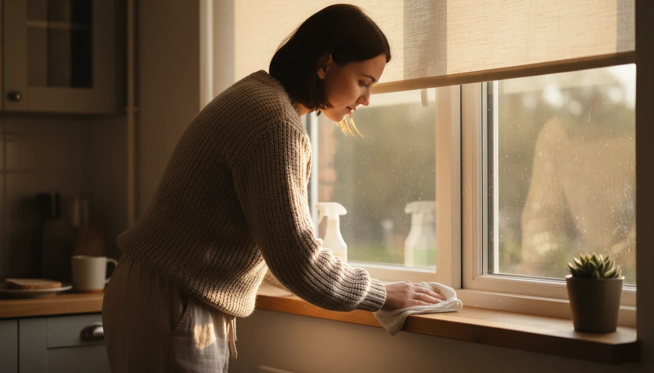 Person wiping a clean kitchen window, soft light streaming in, showing a fabric blind and wooden sill.