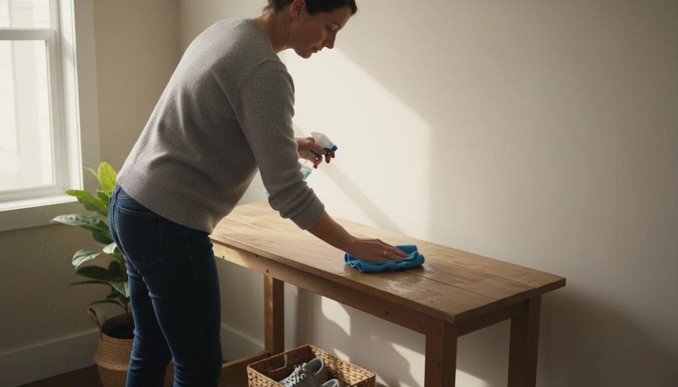 A person wiping an empty wooden entryway console table with a microfiber cloth and spray bottle, clearing surfaces in a well-lit home.