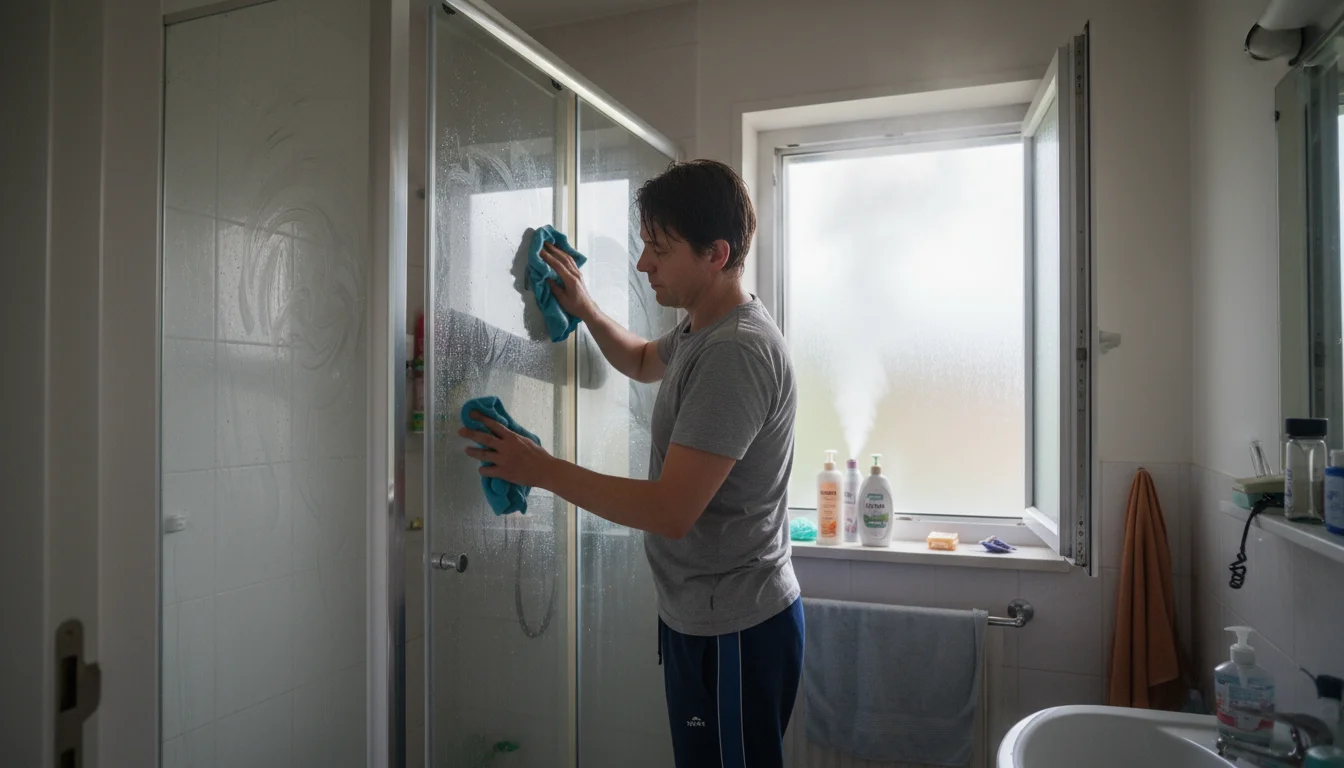 Person wiping a steamy shower door in a bathroom with an open window, emphasizing moisture control and ventilation.