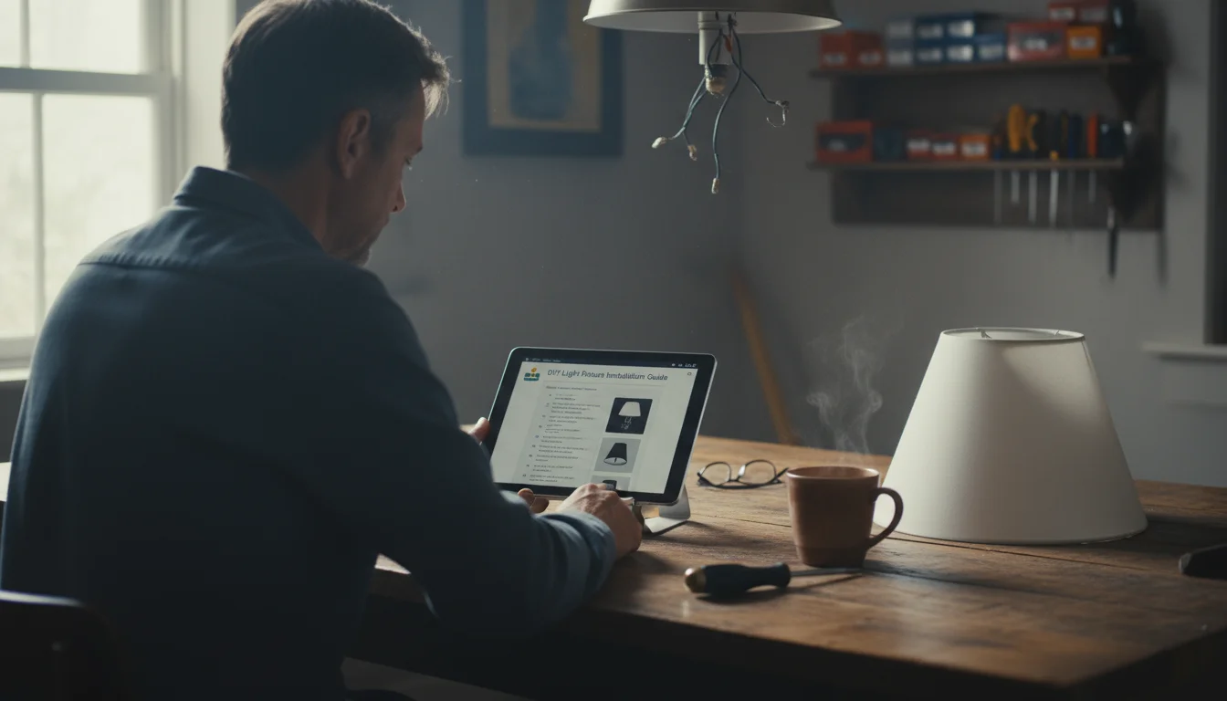 Person at a wooden kitchen table reviewing a tablet with a DIY guide, next to a light fixture shade, screwdriver, and mug.