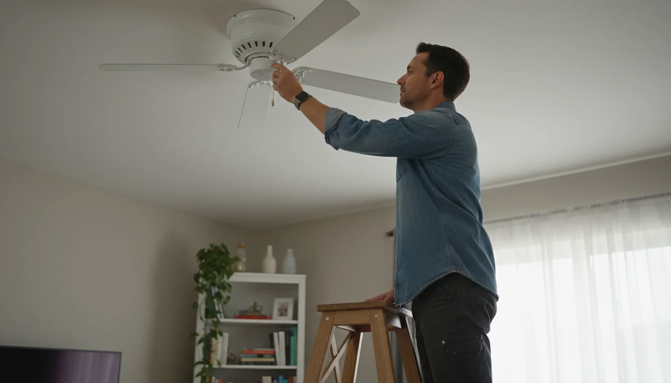 Person on a wooden step stool reaching up to flip the reverse switch on a white ceiling fan in a cozy, sunlit living room.