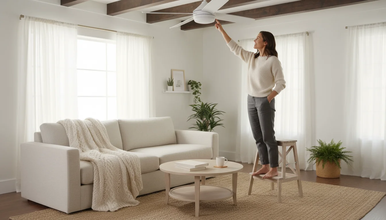 Person on a wooden step stool reaching up to flip a switch on a modern ceiling fan in a cozy living room.