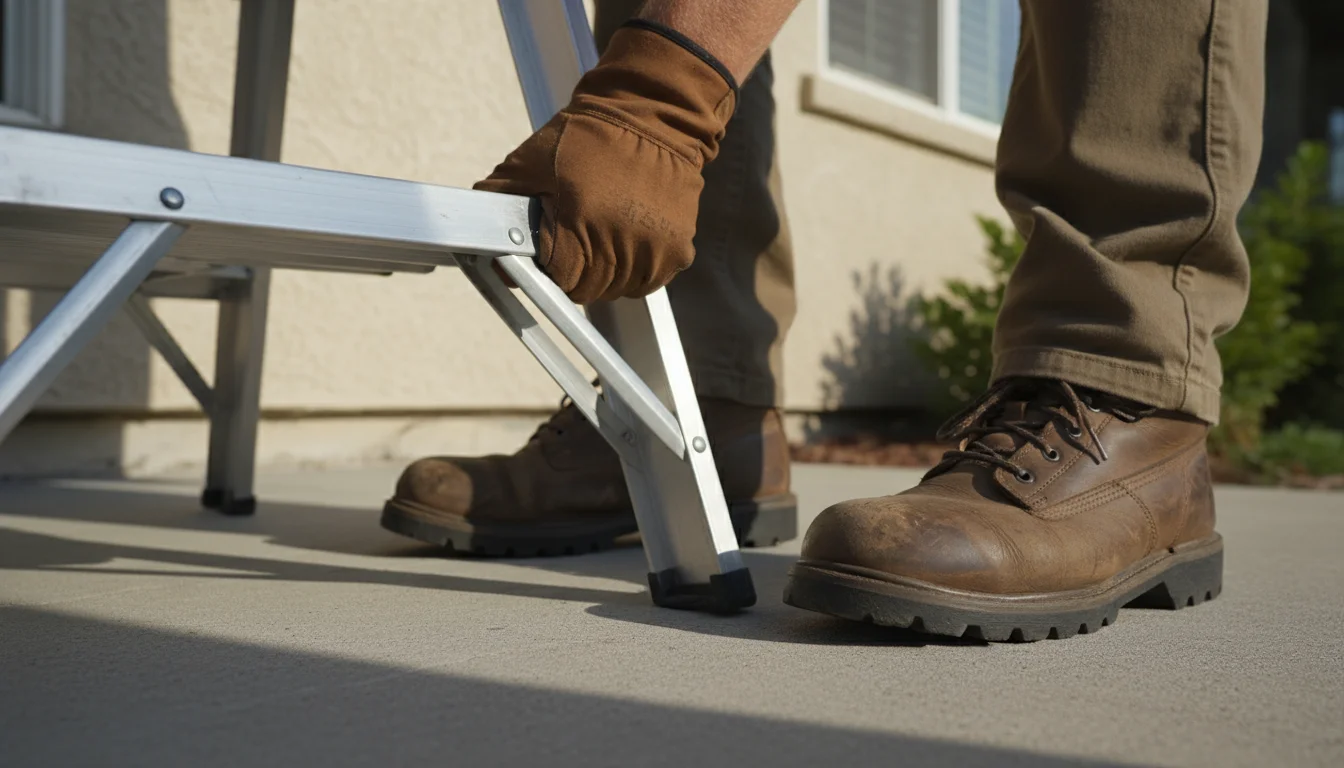 Person in work boots checking a ladder base on a concrete patio before climbing.