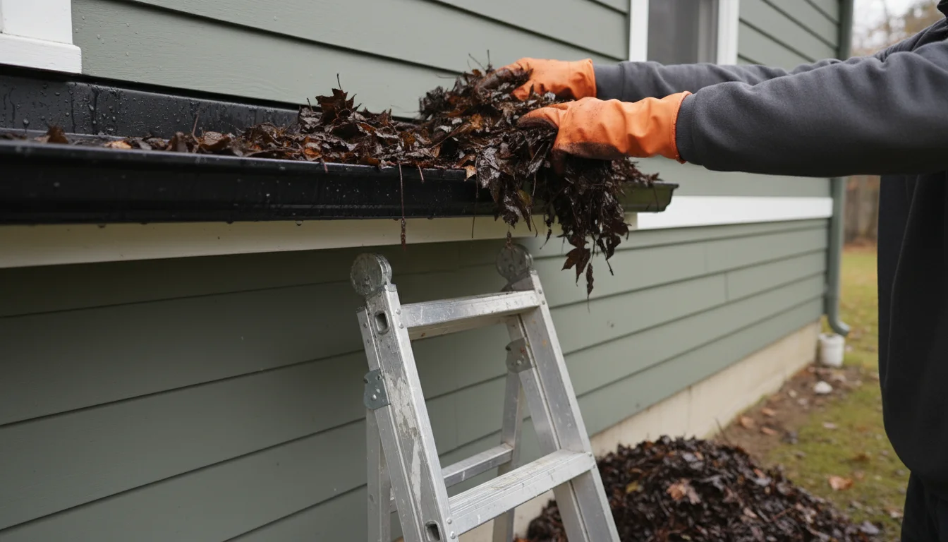 Person in work gloves clearing damp autumn leaves from a clogged rain gutter on a modest home during fall.