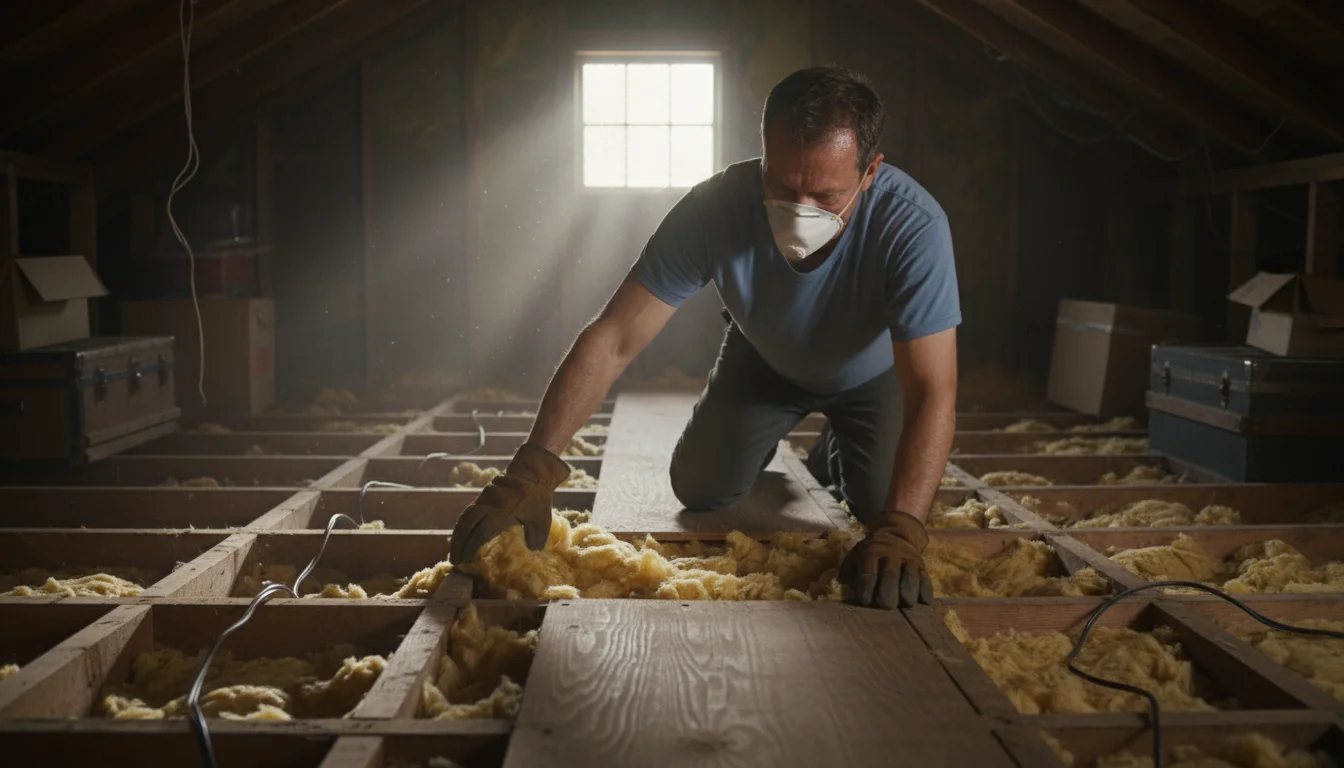 A person in work gloves and a dust mask kneels in an attic, pulling back old insulation to show exposed wooden joists.