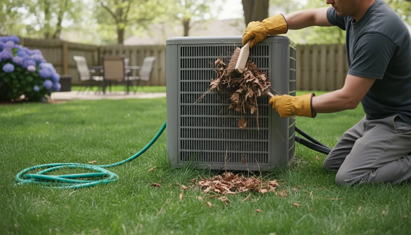 Person in work gloves kneeling, brushing leaves and twigs from an outdoor AC condenser unit with a soft brush.