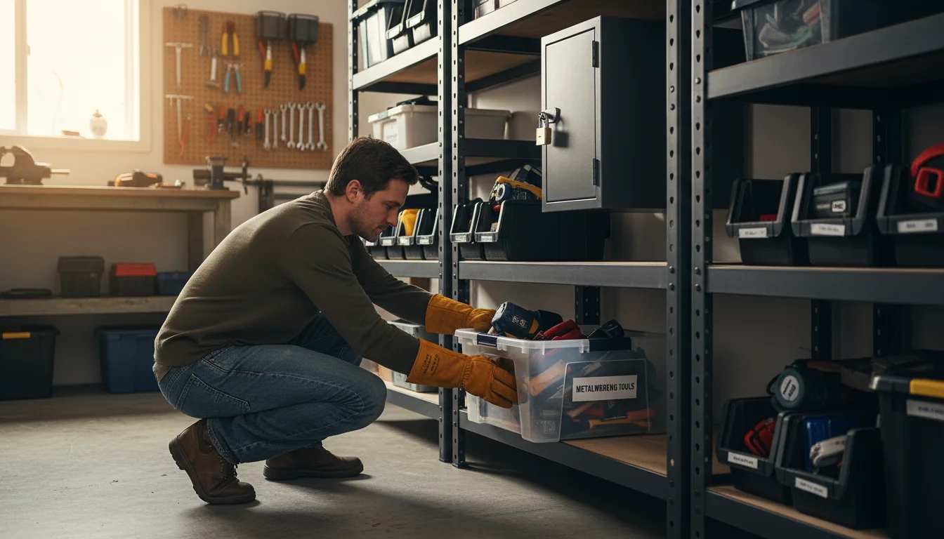 Person in work gloves carefully places a heavy storage bin onto a lower garage shelf, with a locked hazardous materials cabinet visible above.
