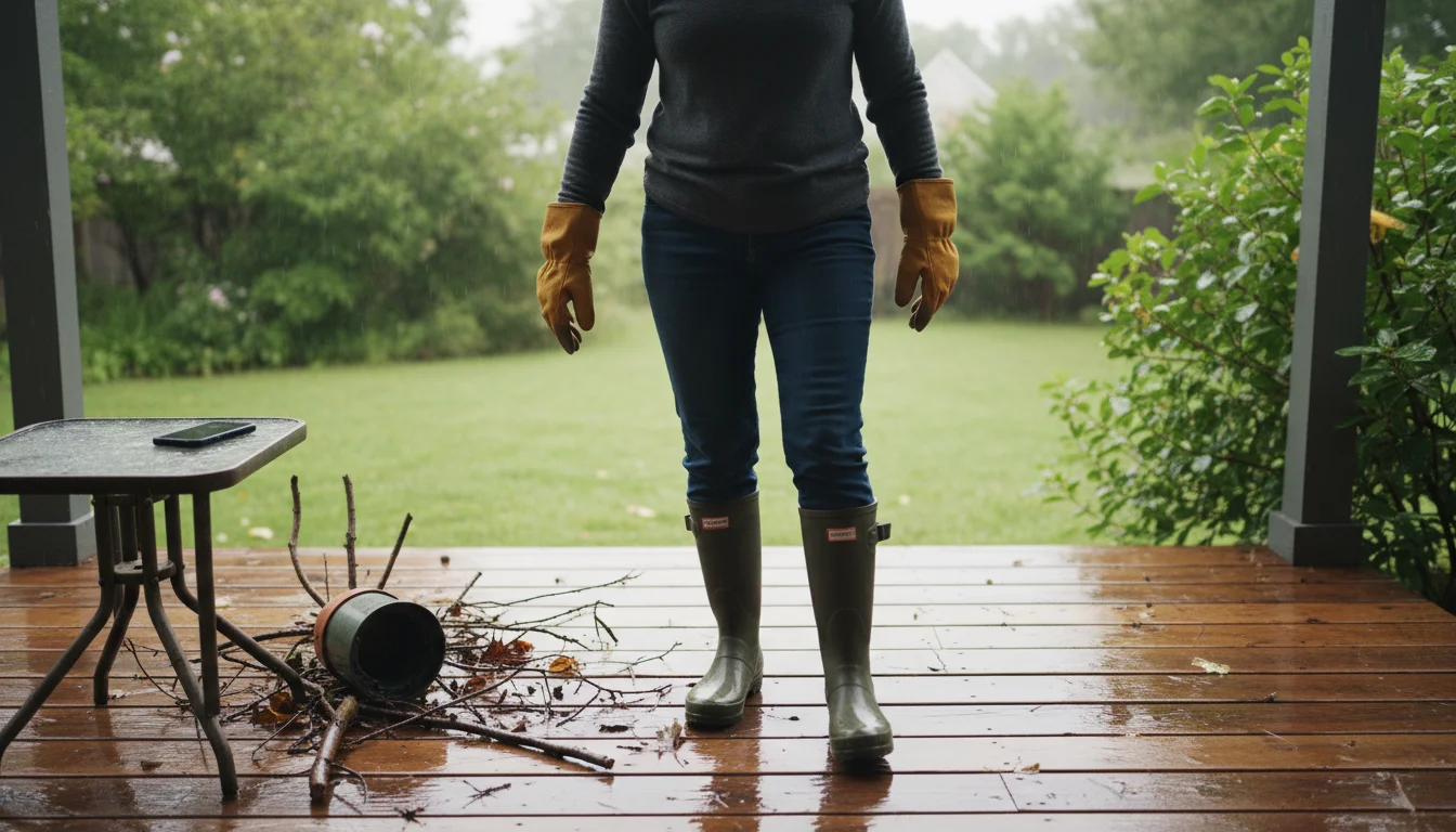 A person in work gloves and rain boots cautiously steps onto a wet porch, assessing post-storm debris. A phone is on a table.