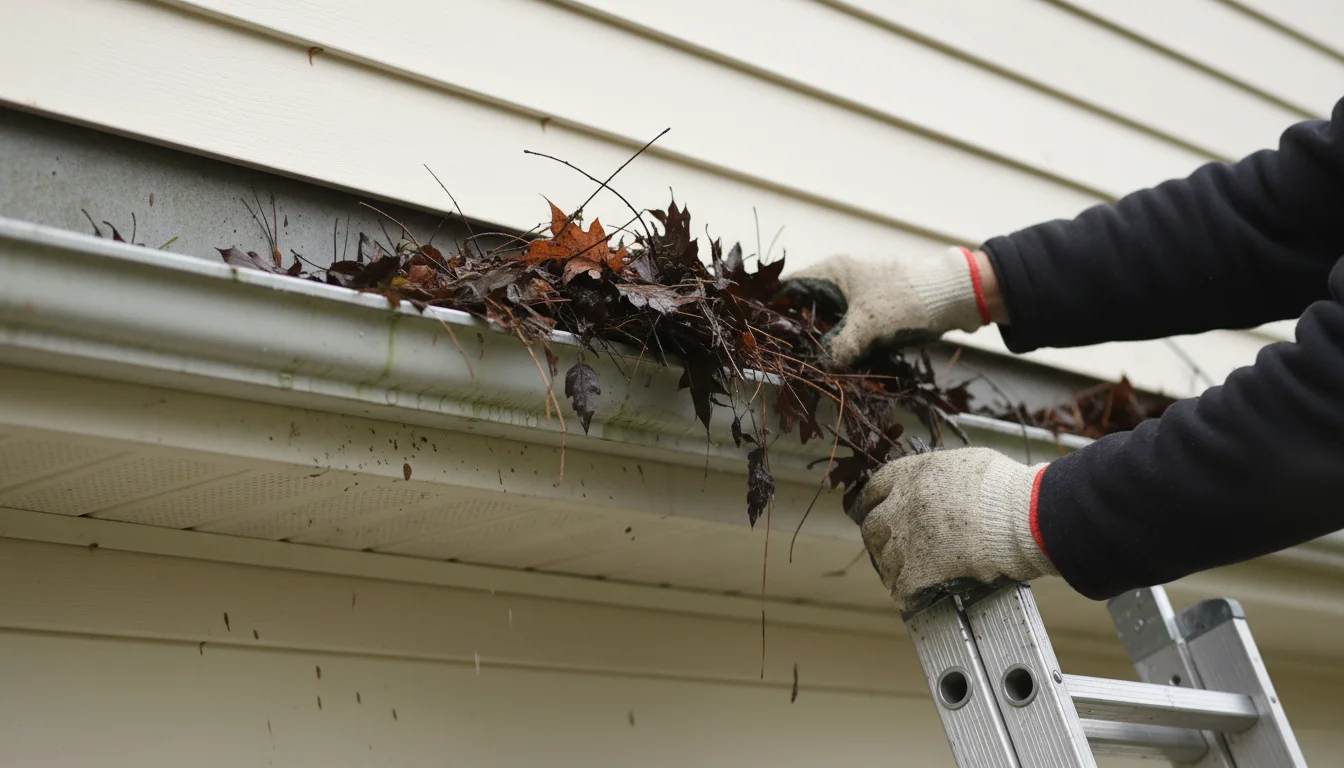 Person in work gloves scooping wet leaves from a home's rain gutter while on a ladder.