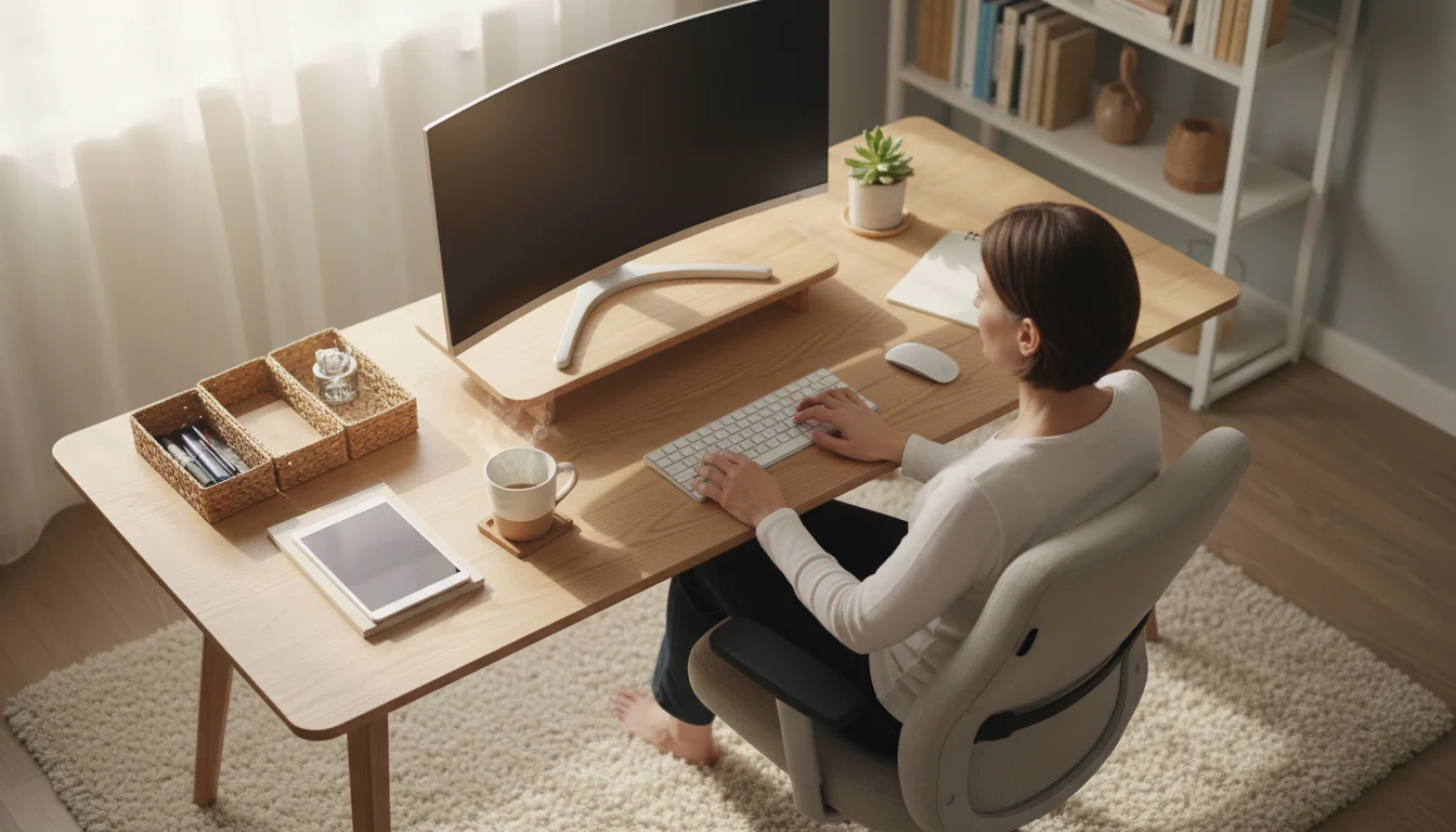Overhead shot of a person working comfortably at an ergonomic home office desk with a monitor on a riser, showing good posture.