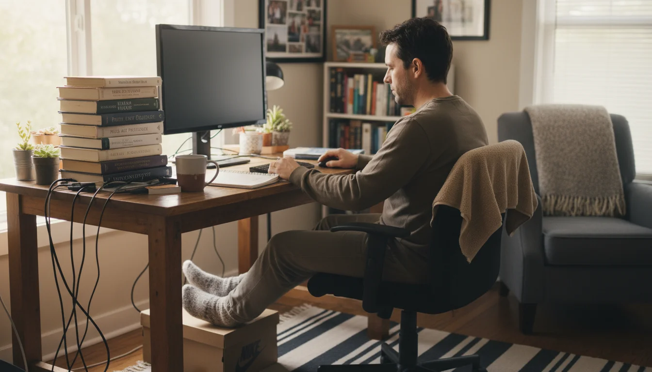 Person working at a home desk with DIY ergonomic adjustments: books under monitor, rolled towel for lumbar support, shoebox as a footrest.