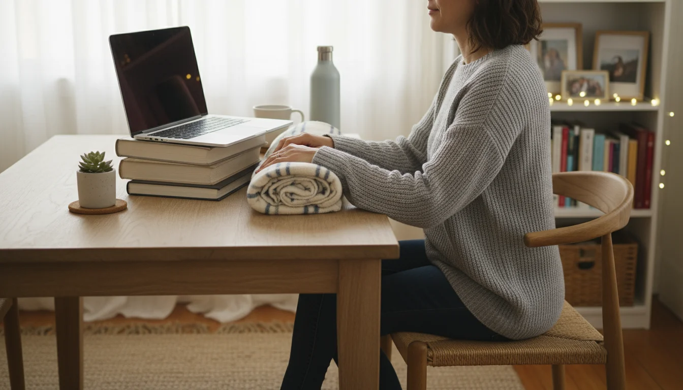 Person working at a home office desk, using stacked books as a monitor stand, a rolled blanket for lumbar support, and a storage box as a footrest.