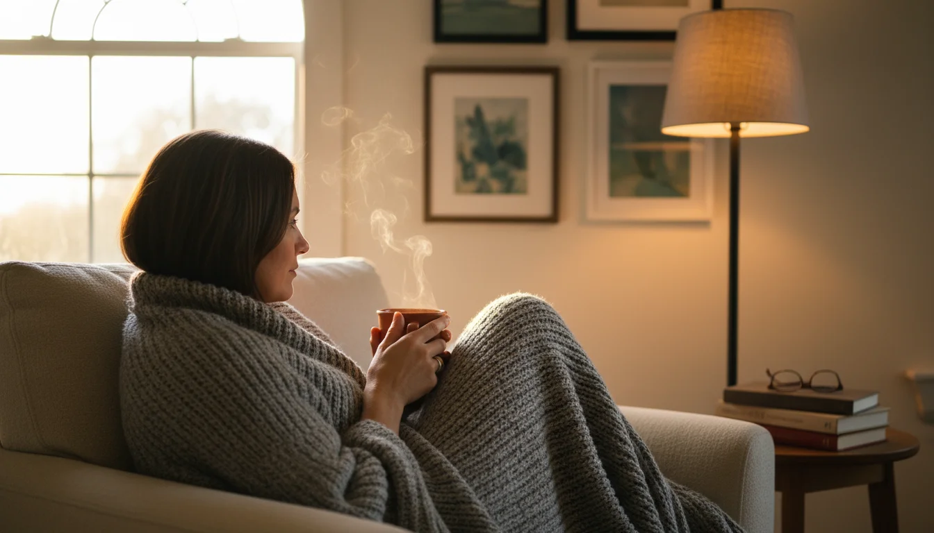 A person wrapped in a chunky knit blanket, holding a warm mug in a softly lit armchair, with a planner on a side table.
