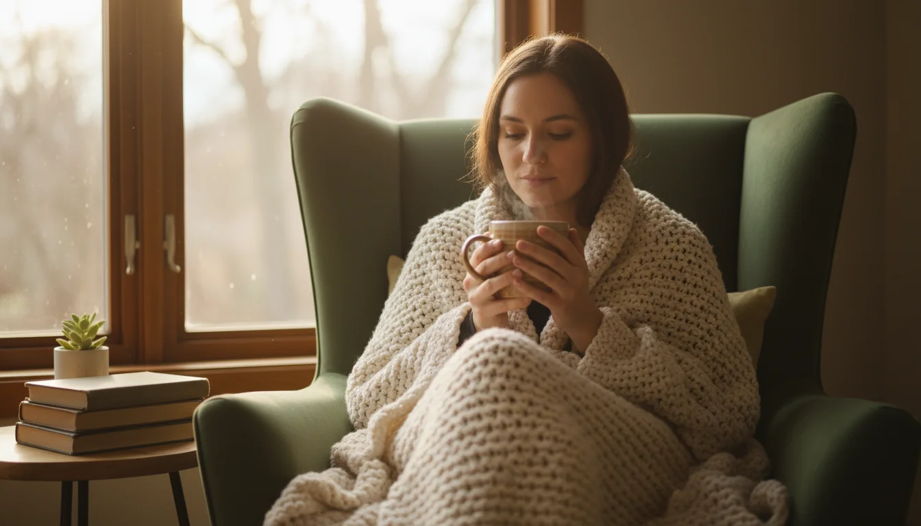 Person wrapped in a knit blanket, holding a steaming mug, relaxing in a plush armchair by a window.