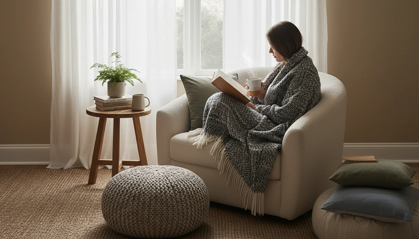 Person wrapped in a wool blanket, holding a steaming ceramic mug and a book in a cozy armchair by a window.