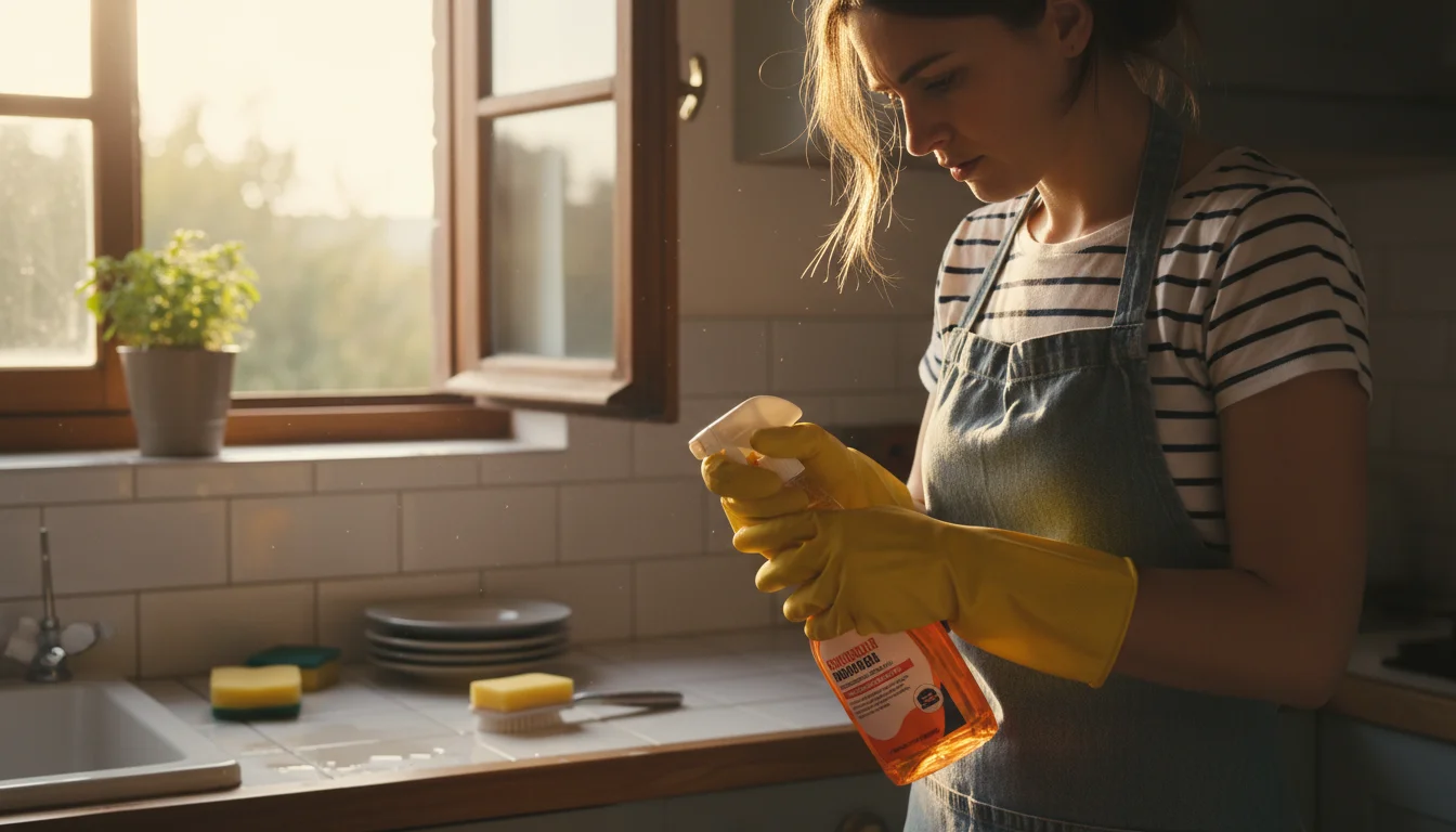 Person in yellow rubber gloves carefully reading a cleaning product label in a kitchen with an open window.