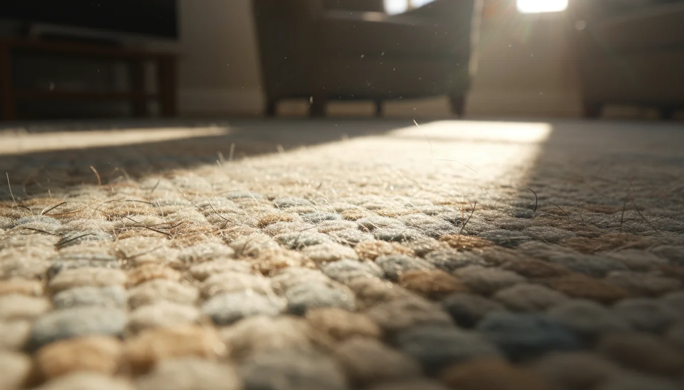 Close-up of pet hair deeply entangled within the fibers of a well-worn wool rug, highlighted by natural sunlight streaming in.