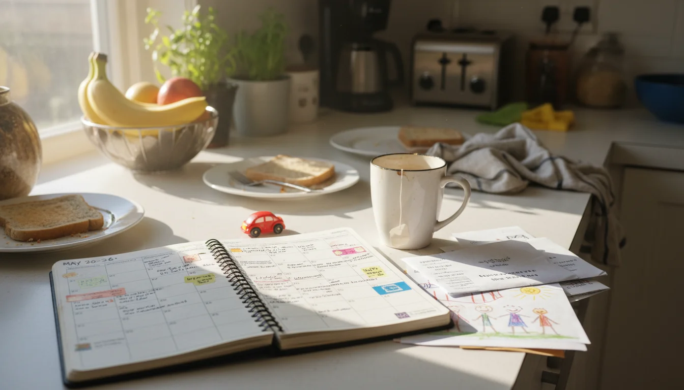 A physical planner or laptop calendar on a lived-in kitchen counter, surrounded by a coffee mug and child's items.