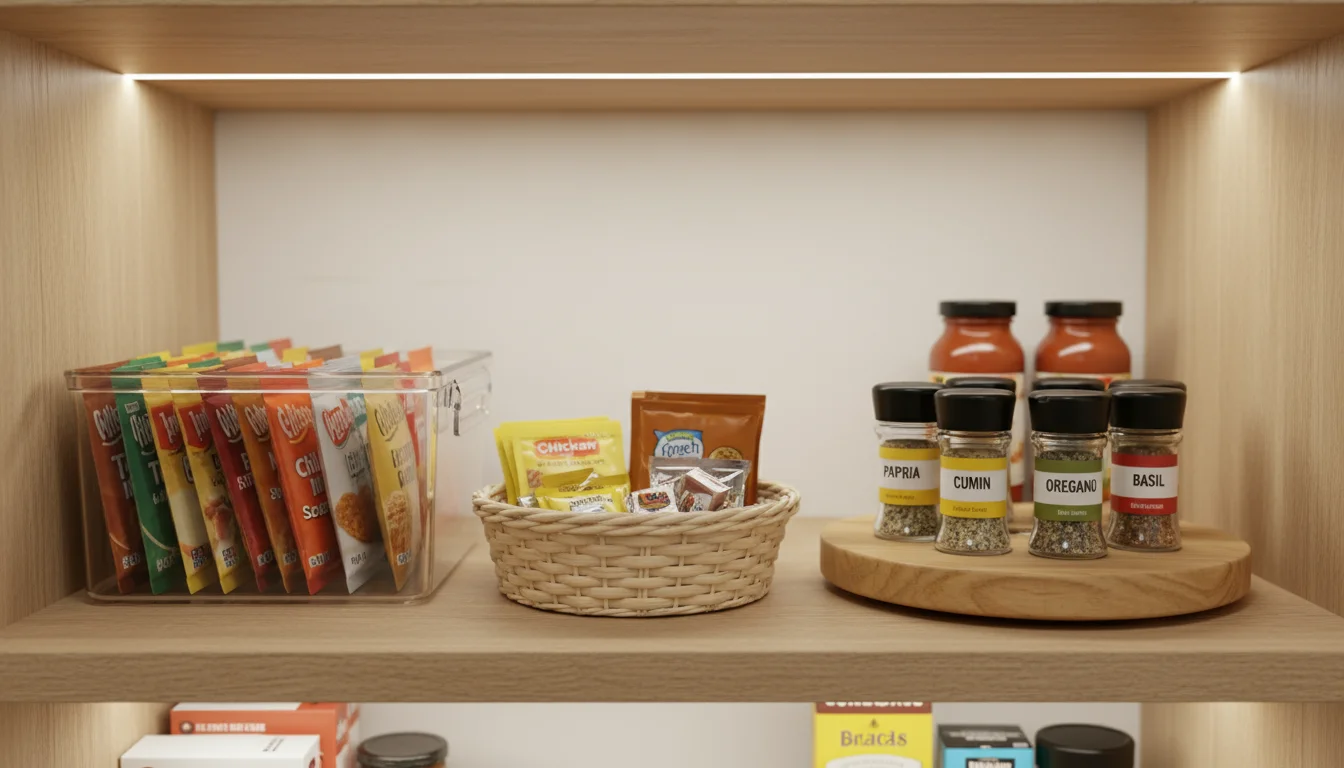 Clear plastic bin with upright spice packets, woven basket of bouillon, and turntable with extract bottles on a pantry shelf.