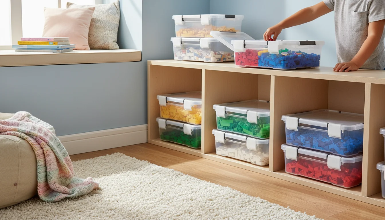 Clear plastic bins with lids stacked on a low shelf in a child's room. One open bin shows sorted LEGOs, with a child's hand reaching inside.