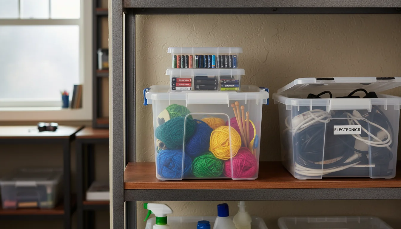 Clear plastic storage bins of various sizes on a utility shelf, holding craft yarn, batteries, and cleaning cloths, all contents clearly visible.