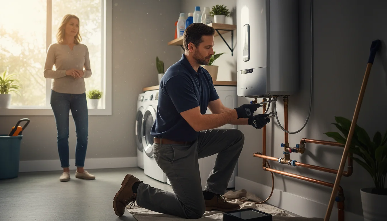 Plumber examines a water heater with homeowner observing calmly, signifying professional help.