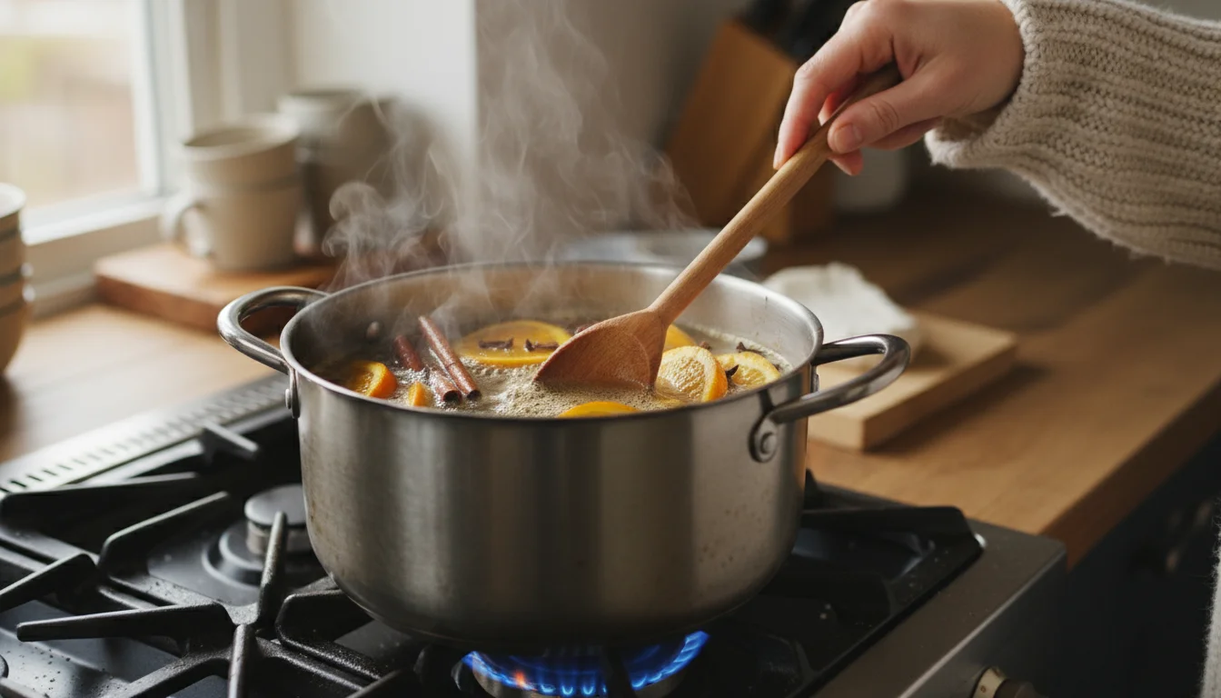 A close-up of a pot simmering stovetop potpourri with orange, cinnamon, and cloves on a kitchen stove, steam rising.