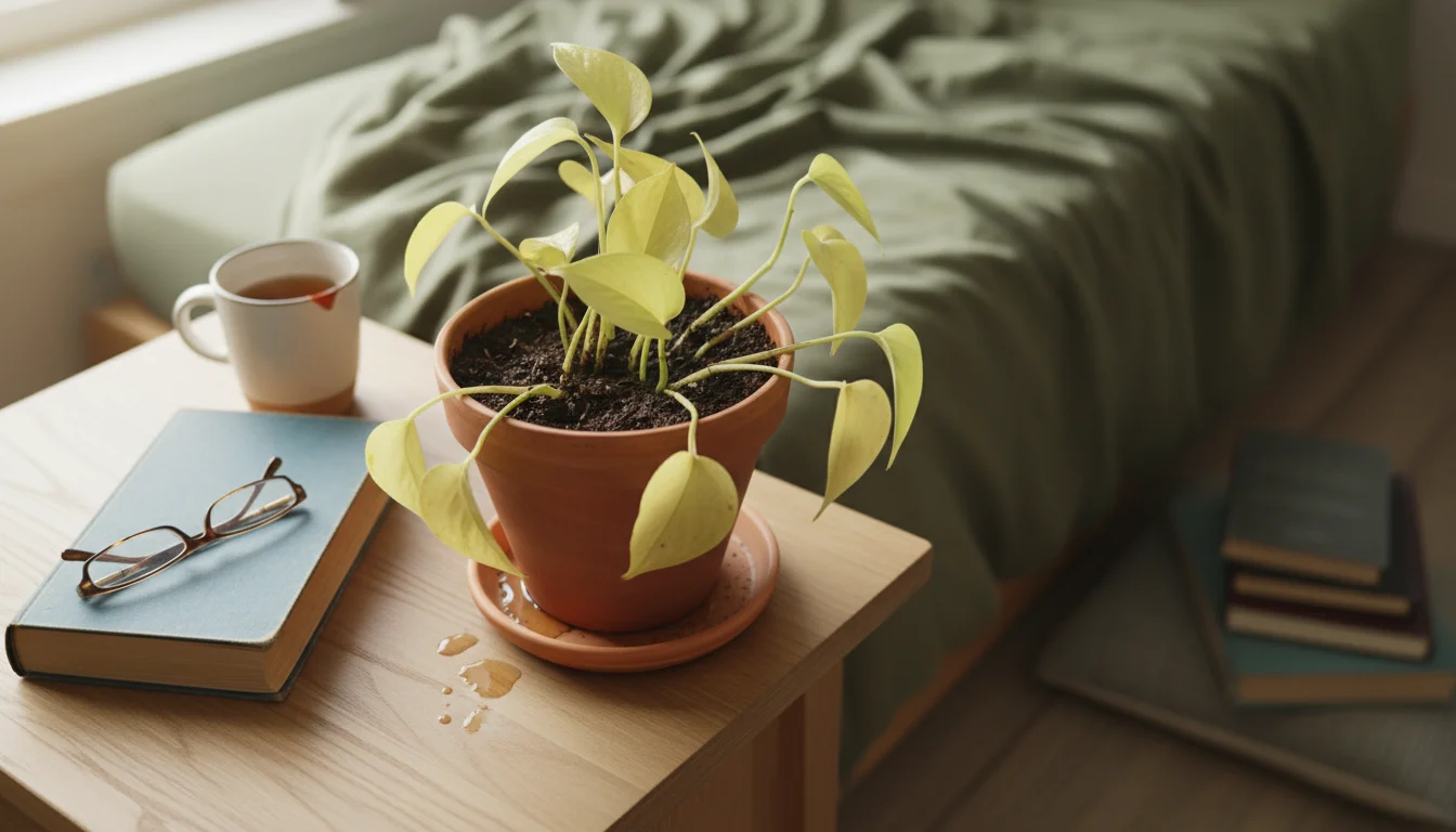 A Pothos plant with multiple yellowed, droopy leaves sits in a terracotta pot on a wooden nightstand.