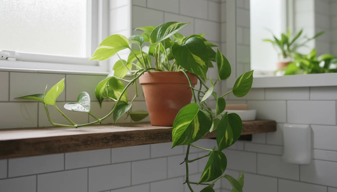 A Pothos plant with trailing green leaves in a ceramic pot on a wooden shelf in a white tiled bathroom, bathed in soft natural light.