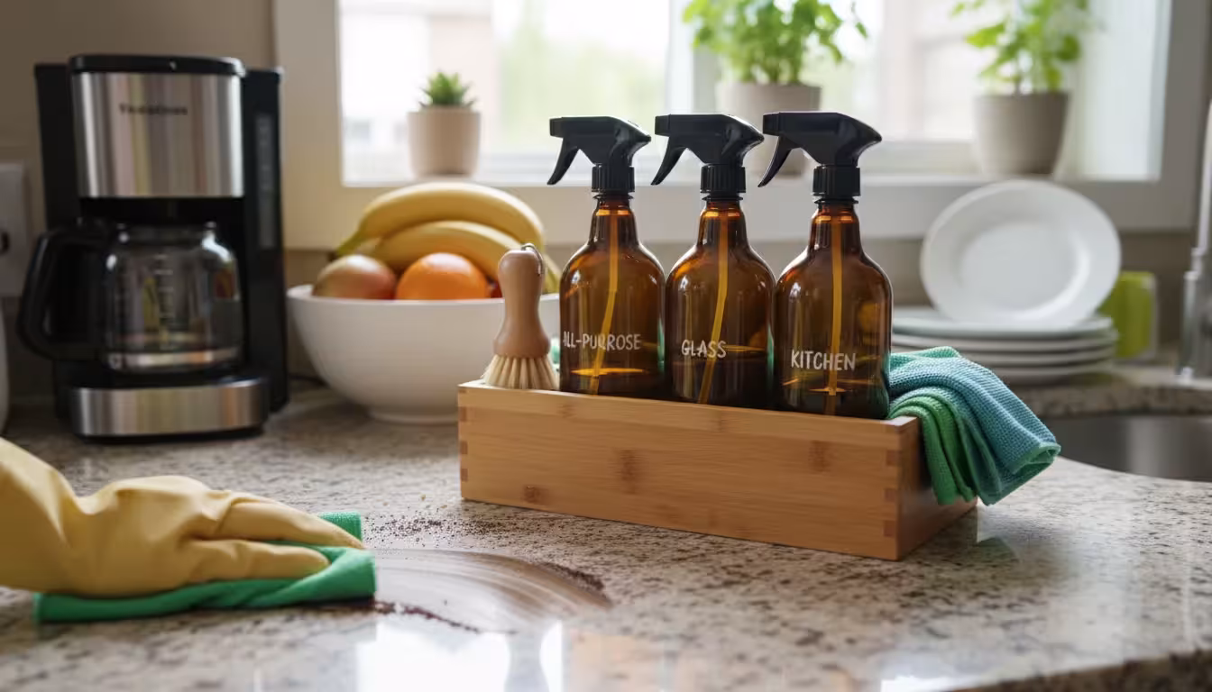 A practical caddy with eco-friendly cleaning supplies sits on a kitchen counter next to everyday items temporarily moved aside.