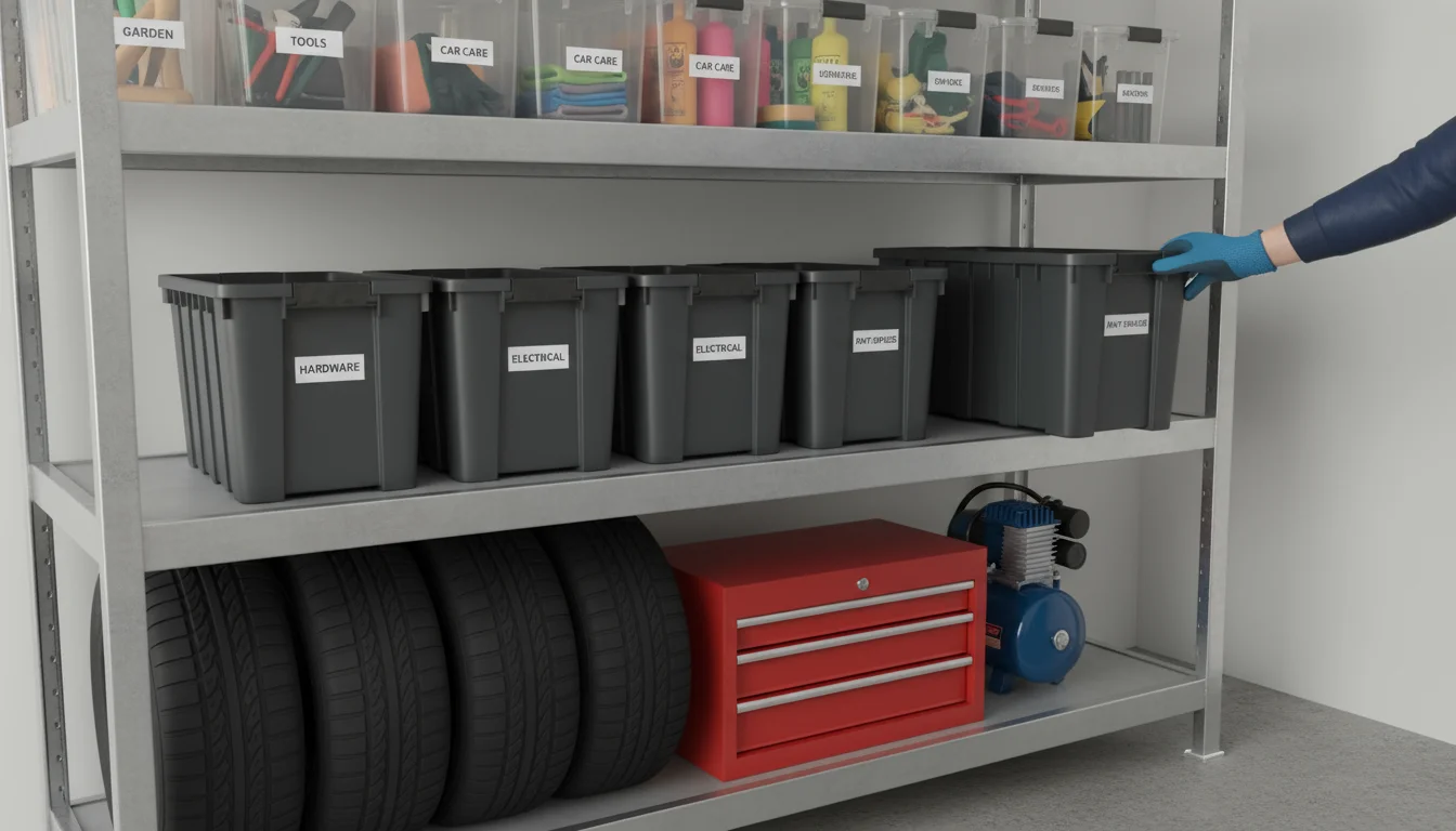 A practical hand reaching for a labeled clear plastic bin on a well-organized metal garage shelf with various containers.