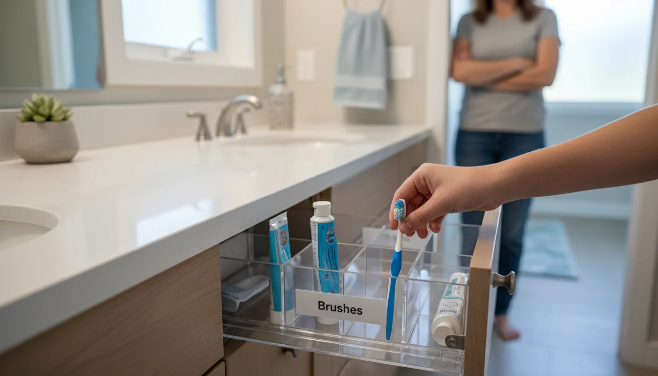 A pre-teen's hand puts a toothbrush into a labeled drawer organizer in a clean bathroom, with a parent in the background.