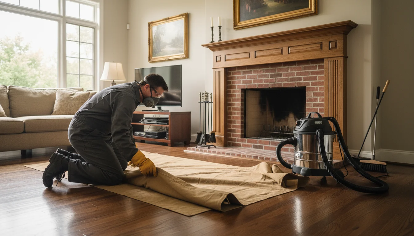 A professional chimney sweep in work overalls carefully spreads a canvas drop cloth on a hardwood floor in front of a brick fireplace, a large vacuum 