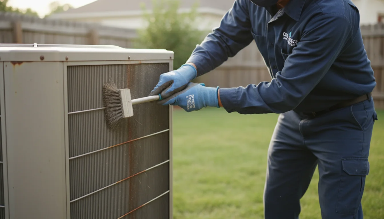 Professional HVAC technician's gloved hands meticulously cleaning the metal fins of an outdoor air conditioning unit with a specialized brush.