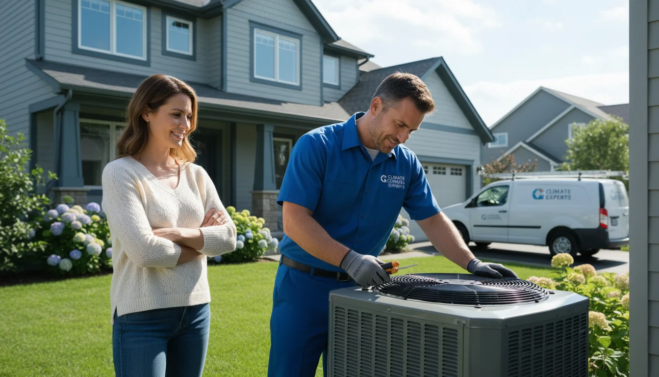 A professional HVAC technician inspects an outdoor air conditioning unit while a woman watches from her home's porch.