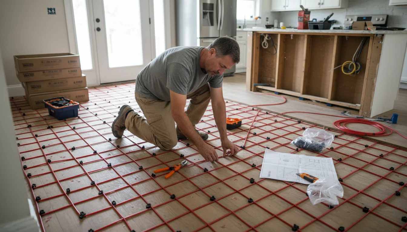 Professional installer carefully places hydronic radiant heating pipes on a subfloor during a home entryway or kitchen renovation.