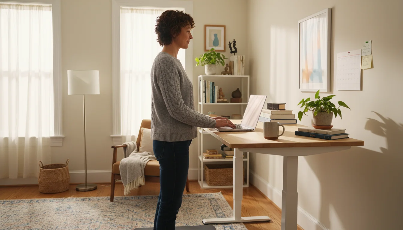 Profile shot of a person standing comfortably at a wooden adjustable desk, working on a laptop in a cozy home office.
