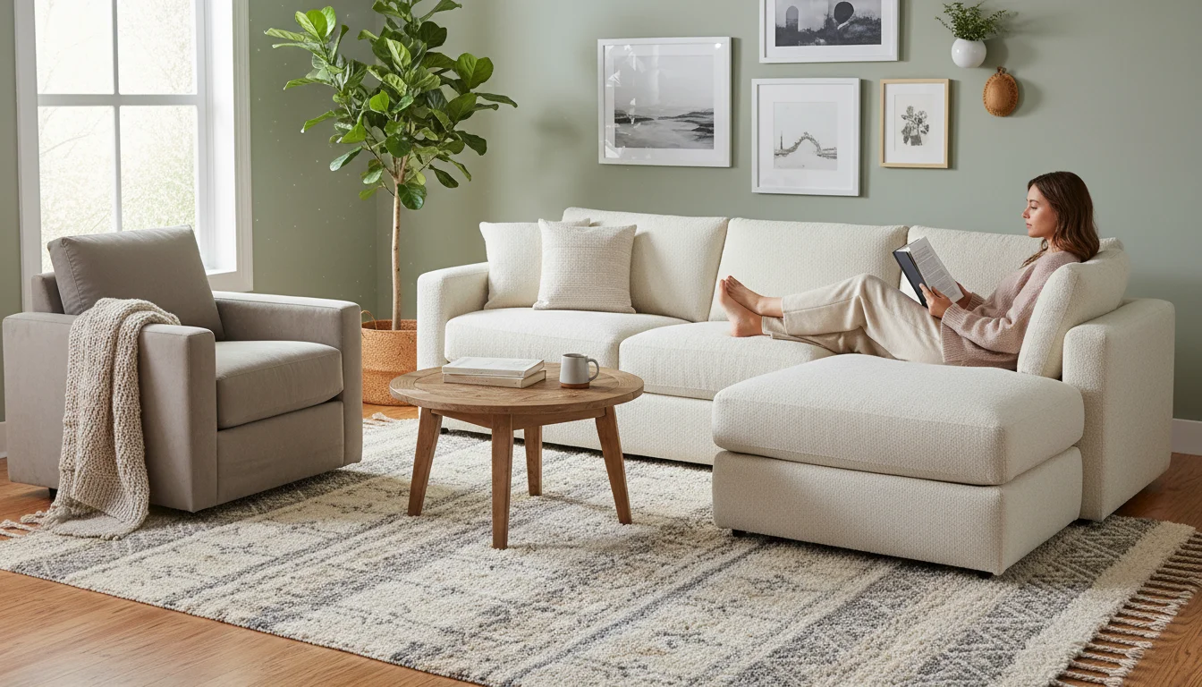 A properly sized area rug anchors a sofa and armchair in a sunlit living room, where an adult reads comfortably.