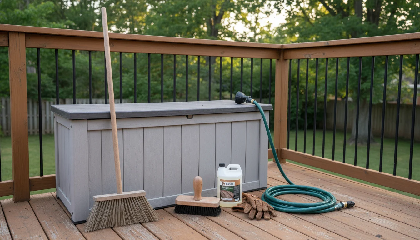A push broom leans on an outdoor bench, a coiled green garden hose, scrub brush, garden sprayer, and work gloves are grouped on a wooden deck.