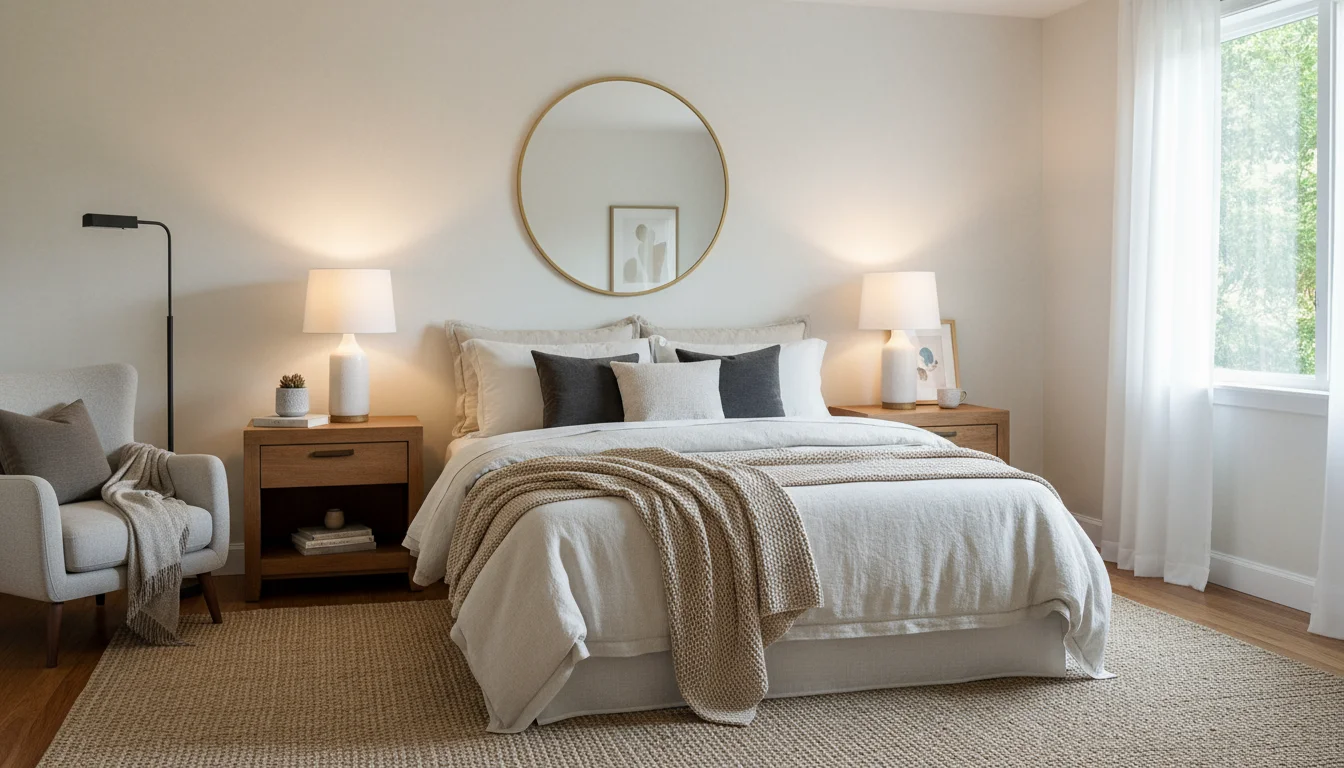 A queen-sized bed with plush bedding flanked by wooden nightstands and warm lamps in a serene bedroom.