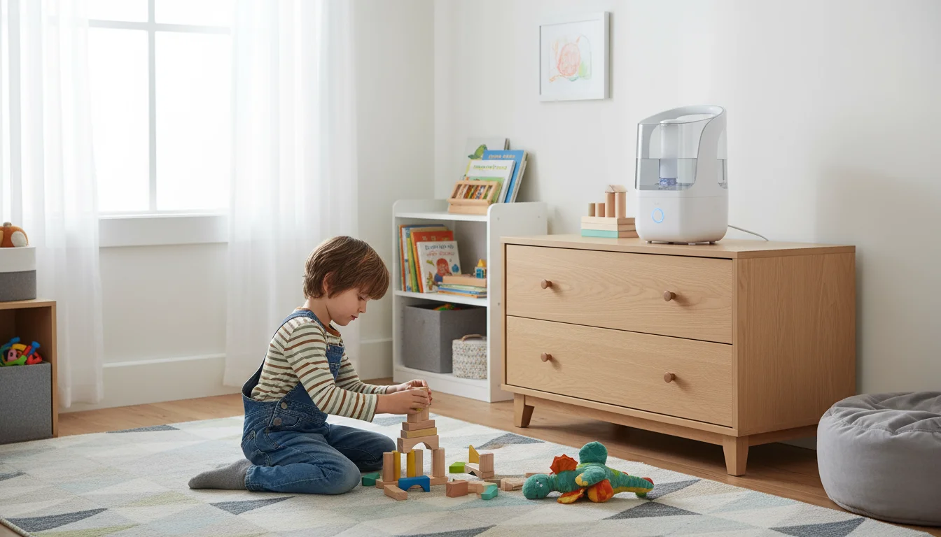 A quiet cool mist humidifier on a dresser in a child's organized bedroom, a young child plays on a rug in soft natural light.