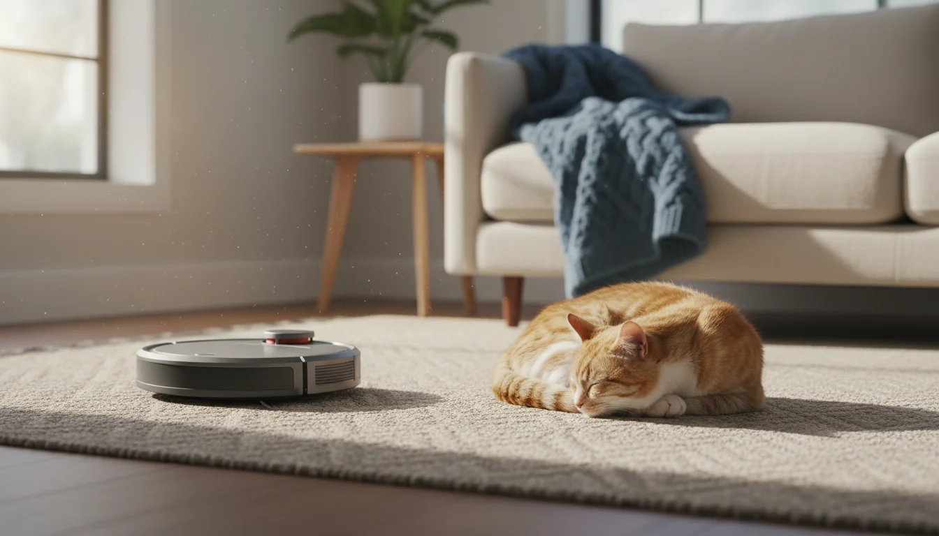 A quiet robot vacuum glides past a sleeping tabby cat on a living room rug, showing a calm home.