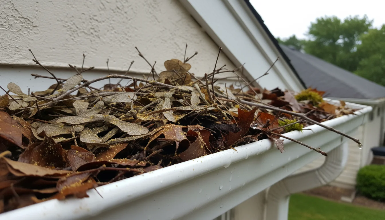 A close-up view into a rain gutter filled with a natural mix of brown leaves, dried seed pods, and yellow pollen, showing seasonal accumulation.
