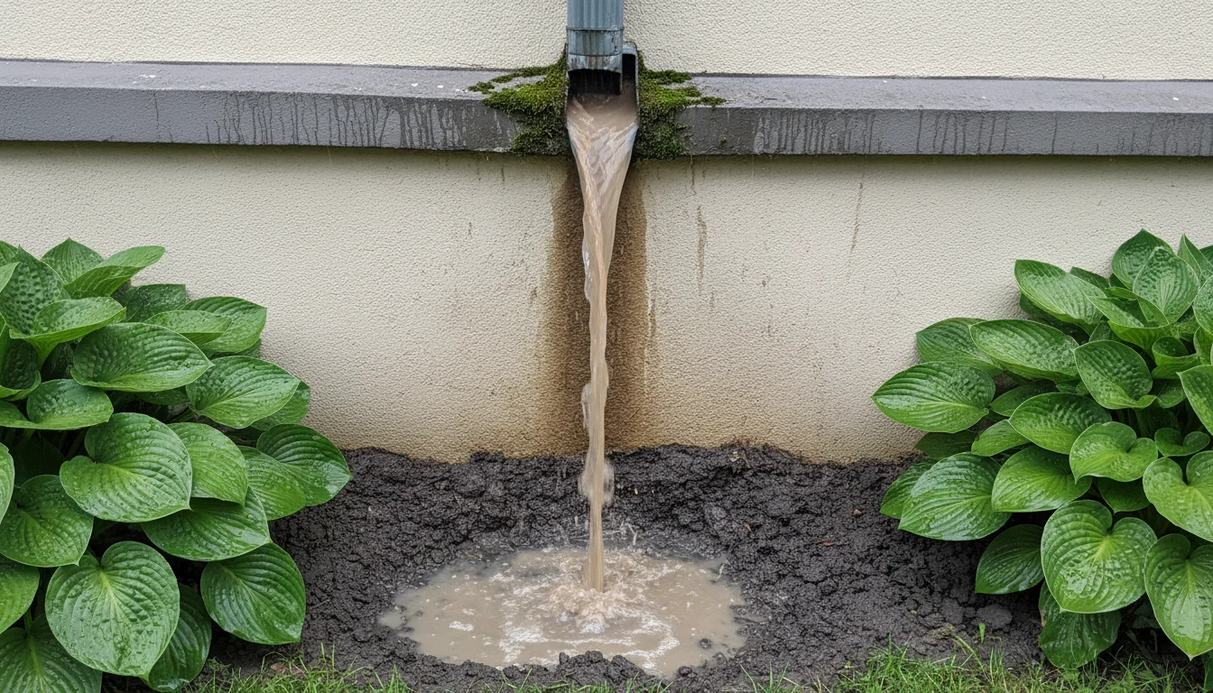 Rainwater overflowing from a clogged gutter, streaming down a light foundation wall and pooling on the ground.