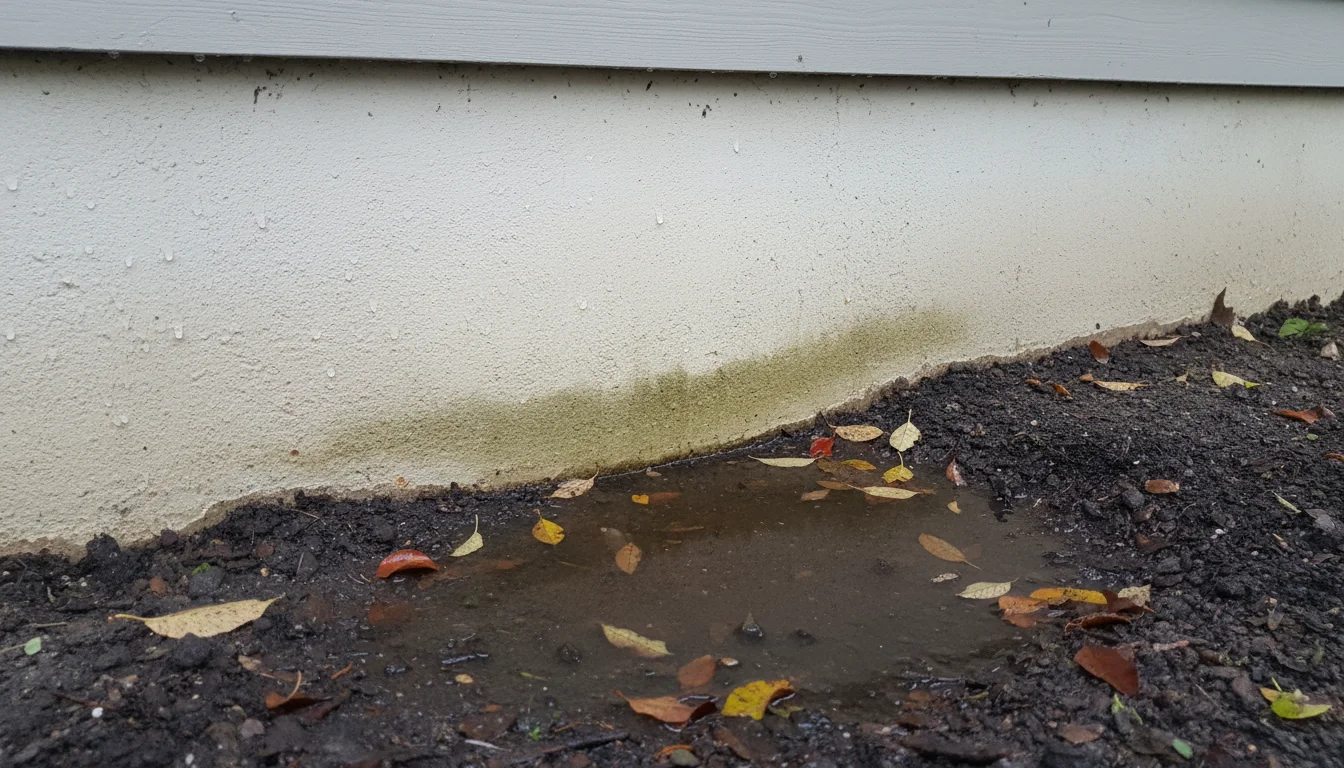 Rainwater puddle against house foundation with damp siding and fallen leaves, indicating gutter overflow.