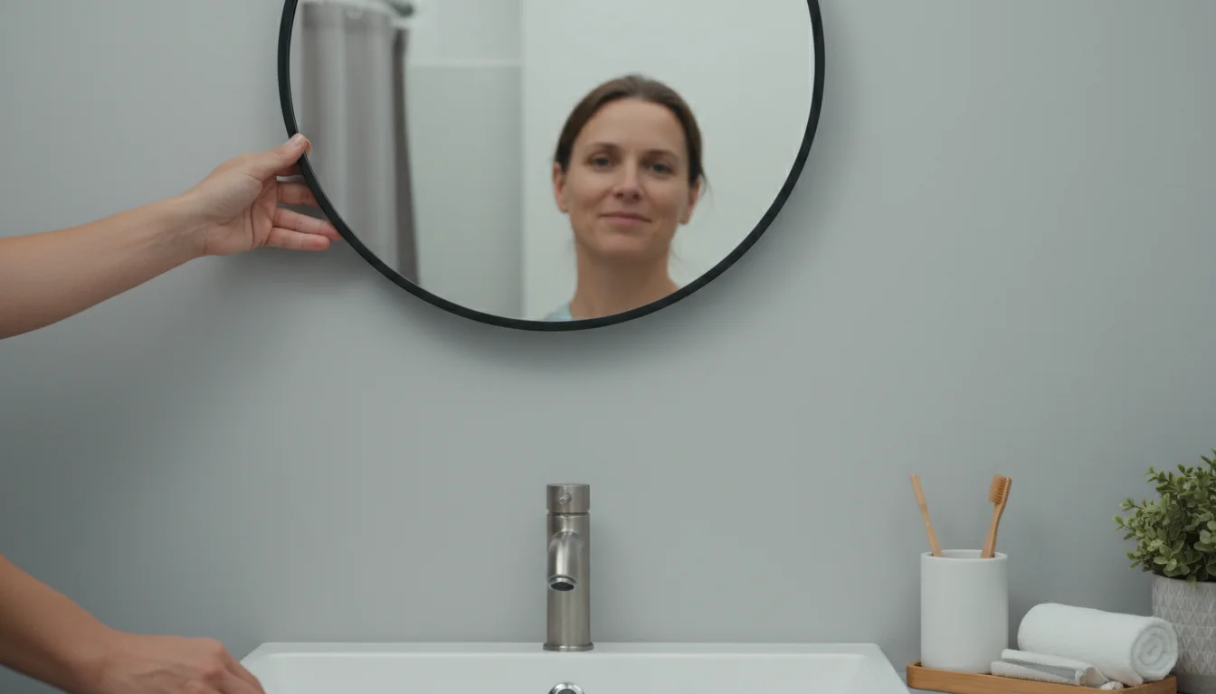 Realistic hands of a person in their mid-30s holding a modern round black-framed mirror above a simple white bathroom vanity.