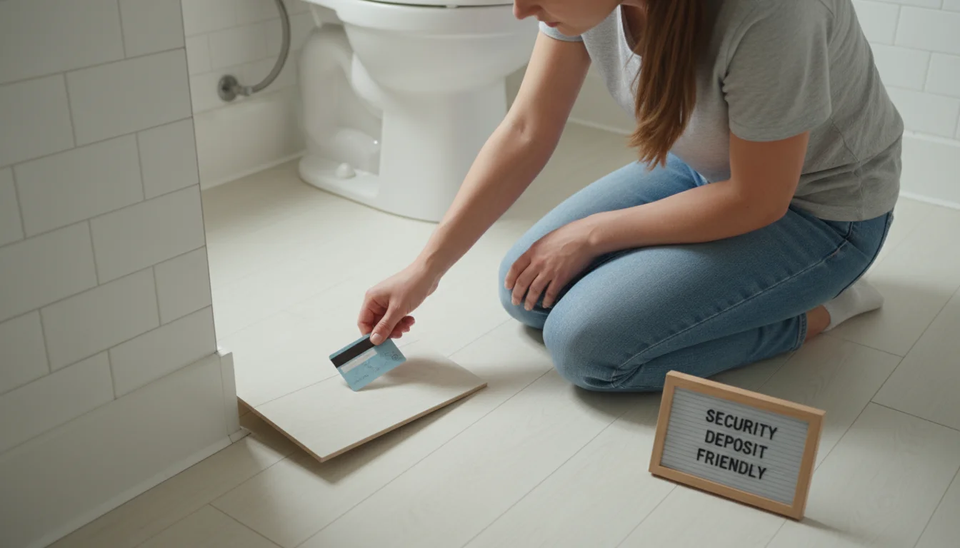 A renter's hands carefully test the edge of a peel-and-stick floor tile with a credit card in a rental bathroom.